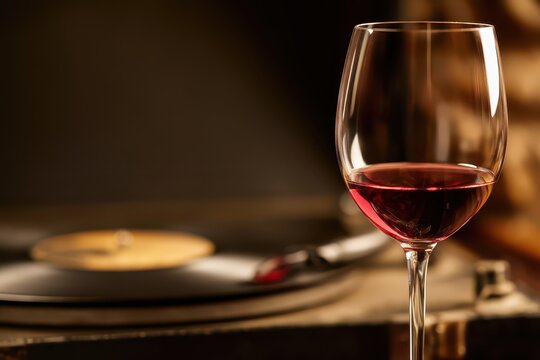 A glass of red wine sits in front of a vintage record player with a spinning vinyl record, evoking nostalgia and relaxation.