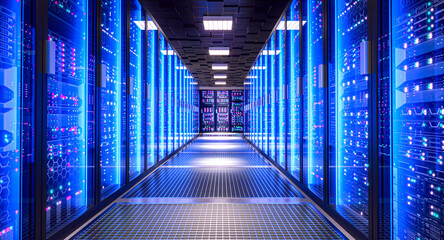 Server racks creating data center corridor 3d