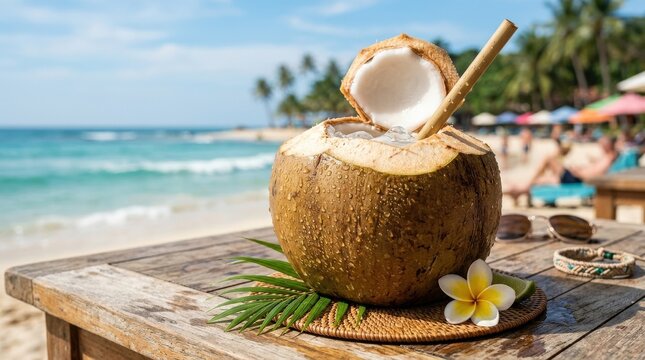 A fresh coconut drink for summer, chilled shell with a straw, dewy surface, tropical freshness and bright beachside light, relaxed vacation atmosphere, ultra-realistic, no logos.