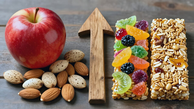 Choose between a fresh apple and a handful of almonds, or a fruit snack and a sweet muesli bar.