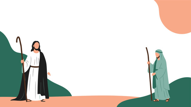 Minimalist illustration depicting two ancient figures, possibly Jesus and Moses, holding staffs against a serene landscape with abstract shapes.