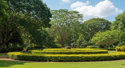 Obraz premium Lush green garden with neatly trimmed hedges and trees