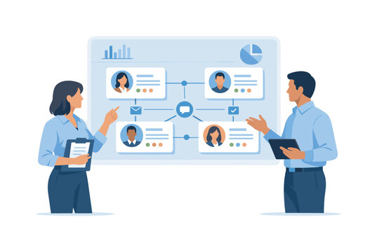 Customer management scene where a team organizes contacts and monitors client activity to improve service and retention, emphasizing workflow efficiency, collaboration,