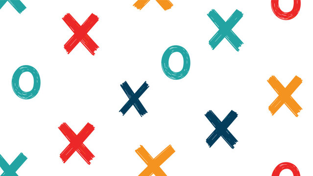 Playful seamless pattern featuring hand-drawn brushstroke X and O shapes in vibrant red, blue, green, and orange, creating a tic-tac-toe style.