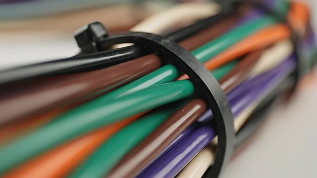 Assorted colored electrical wires bound by a black cable tie