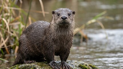 Fototapeta premium A charming semi-aquatic otter standing with sleek wet fur, bright curious eyes and natural animal detail, isolated in a lively wildlife portrait, ultra-realistic, no logos.