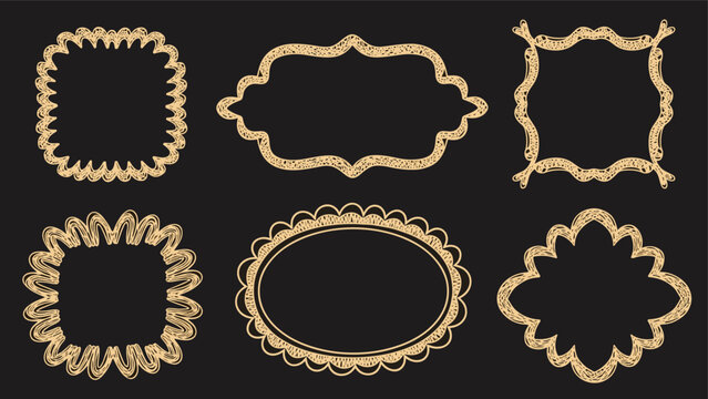 Charming collection of hand-drawn doodle frames in various whimsical shapes and styles, featuring a rustic texture on a black background.