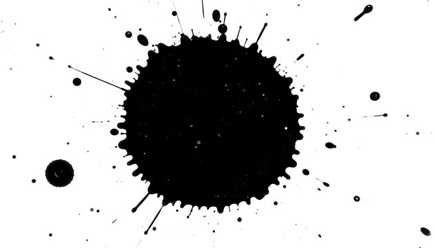 A large black inkblot on a white background with splatters