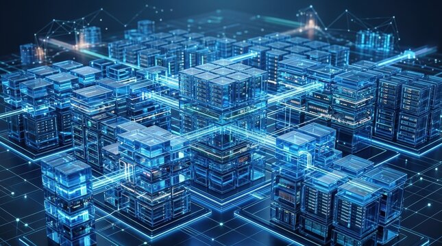 Layered transparent blue glass blocks forming a clean digital infrastructure scene, isometric cloud-computing style with elegant depth, ultra-realistic, no logos.