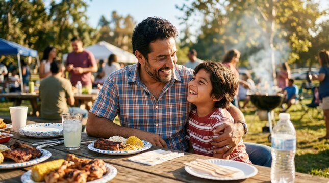 A Latin father and son enjoying quality time during a barbecue event, warm sunlight, outdoor table and affectionate family energy, ultra-realistic, no logos.