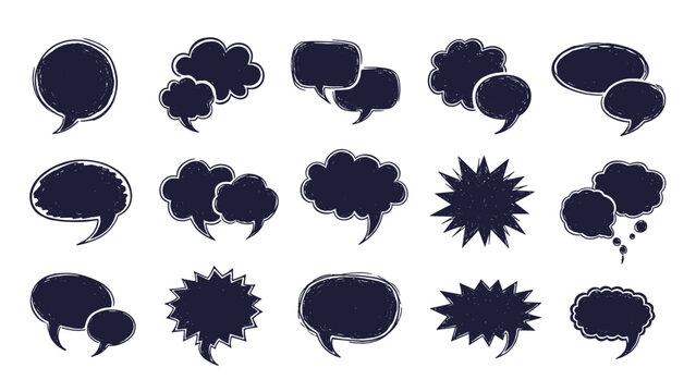 Diverse collection of bold black grunge speech bubbles in various shapes and sizes, ideal for comic, communication, and dialogue designs.