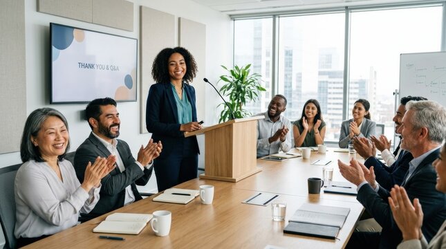 A diverse team applauding a young speaker during a meeting in a bright office, supportive expressions, clean modern interior and celebratory professional energy, ultra-realistic, no logos.
