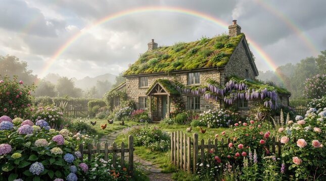 A country house with a green roof and lush garden beneath a double rainbow after rain, flowering bushes and soft natural light creating a peaceful rural atmosphere, ultra-realistic, no logos.