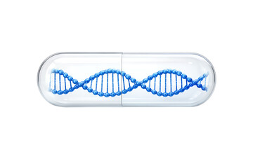 Fototapeta premium Transparent capsule pill containing blue DNA double helix, isolated on black background for genetics, biotechnology, and personalized medicine concept illustration