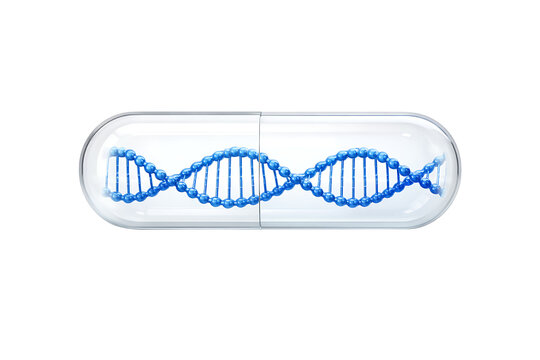 Transparent capsule pill containing blue DNA double helix, isolated on black background for genetics, biotechnology, and personalized medicine concept illustration
