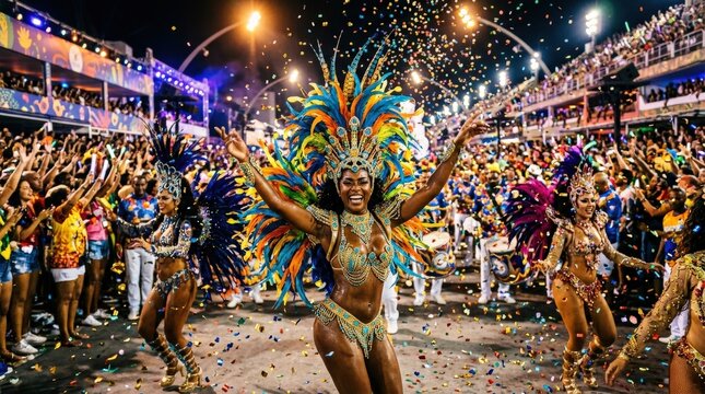 A vivid Brazilian carnaval scene with dazzling costumes, samba dancers, confetti and glowing street lights, explosive color and festive energy filling the frame, ultra-realistic, no logos.