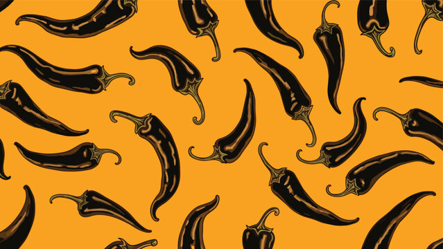 Fiery seamless pattern showcasing a vibrant scattering of black chili peppers with detailed stems, creating an energetic and spicy culinary background.