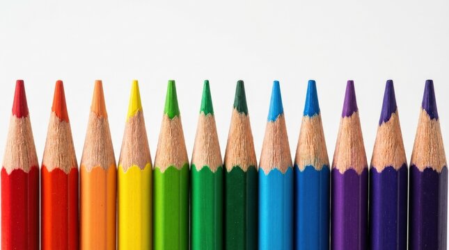 Colorful sharpened pencils aligned vertically in a tidy row, vivid pigments, crisp wood grain and pointed tips, isolated on transparent, bright creative studio styling, ultra-realistic, no logos.