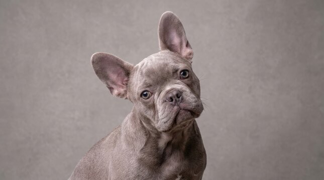 A curious lilac French Bulldog puppy tilting its head and looking attentively at the camera, smooth coat texture and charming studio pet portrait, ultra-realistic, no logos.
