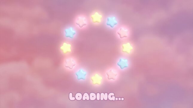 A dreamy kawaii star loading screen loop in pastel pink, glowing star icons with soft pulsing motion and gentle waiting-screen charm, ultra-realistic, no logos.