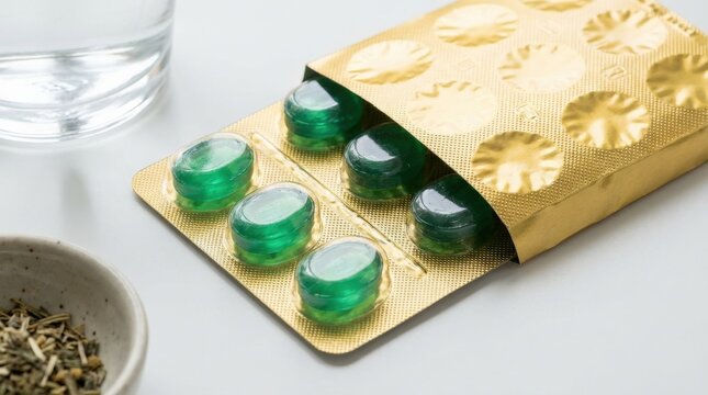 Green cough drops in a gold blister pack, glossy medicinal lozenges and clean healthcare product styling for sore throat relief, ultra-realistic, no logos.