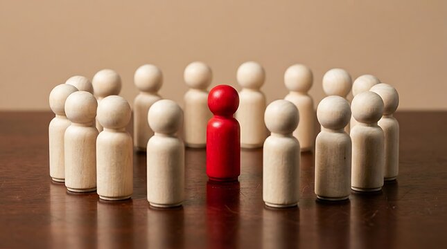 Red wooden figure standing out among white wooden figures on a wooden surface, representing leadership, individuality, or standing out in a group