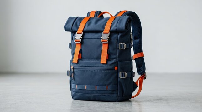 A modern dark blue roll-top backpack with vibrant orange straps and metallic buckles, rugged stylish utility, clean studio atmosphere, ultra-realistic, no logos.
