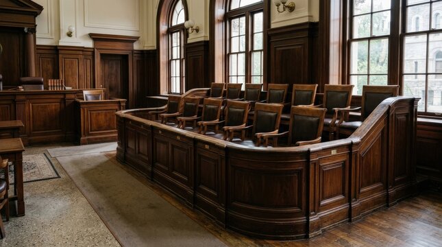 An empty jury box inside a refined courtroom, polished wood, orderly chairs, soft natural window light, solemn mood of justice waiting and civic gravity, ultra-realistic, no logos.