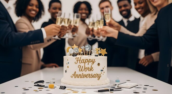 Professional team toasting with champagne during a work anniversary celebration in an office