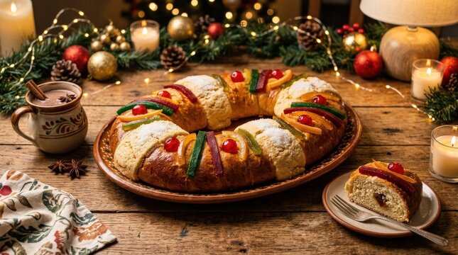 Traditional kings day sweet bread rosca de reyes with colorful candied fruits on a wooden table, warm Christmas lights glowing around, inviting festive dessert scene, ultra-realistic, no logos.
