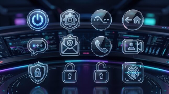 A transparent glass user interface icon set with control, communication, security, and digital interaction symbols, glossy layers, refined futuristic dashboard atmosphere, ultra-realistic, no logos.