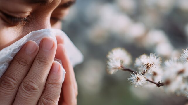 Woman sneezing into tissue amid spring blossoms with pollen allergy and seasonal hay fever symptoms