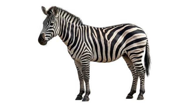 A zebra standing in full view, isolated on a transparent background, bold black and white stripes, majestic wildlife presence, ultra-realistic, no logos.
