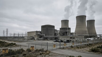 Obraz premium Nuclear power plant with cooling towers and radioactive warning symbols isolated, stark industrial structure and muted gray palette, high-detail energy infrastructure scene, ultra-realistic, no logos.