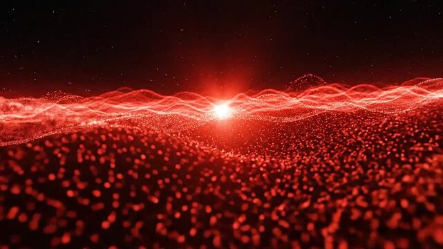 Abstract red glowing particles forming a wavy surface with a bright light in the distance