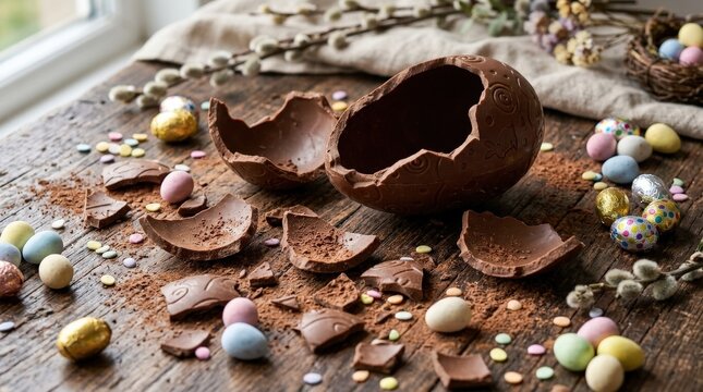 Broken chocolate Easter egg with scattered pieces, rich cocoa texture and festive holiday sweetness, studio dessert styling, ultra-realistic, no logos.