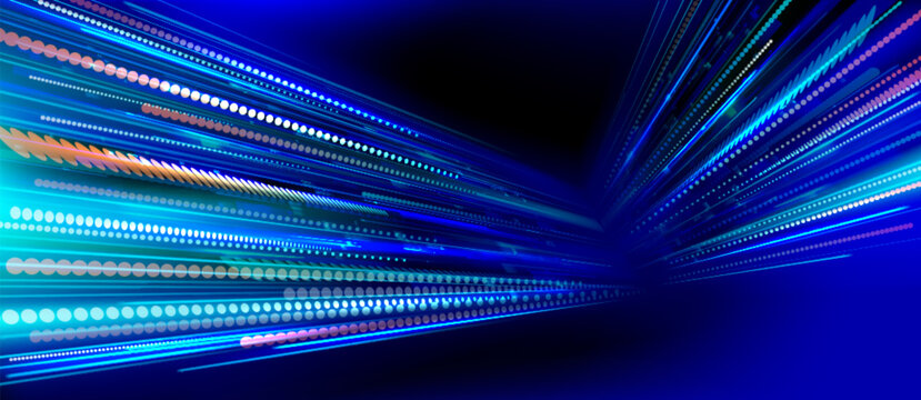 Abstract tech background with data streams, glowing lines and dots. Vector realistic illustration of futuristic digital data transfer, cyber space design, innovation software presentation template