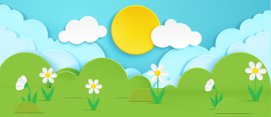 Naklejka premium Spring paper cut landscape with grass and bushes, flowers and sky, vector background. Origami style garden scene with white daisies, fluffy clouds, and yellow sun above green meadow backdrop