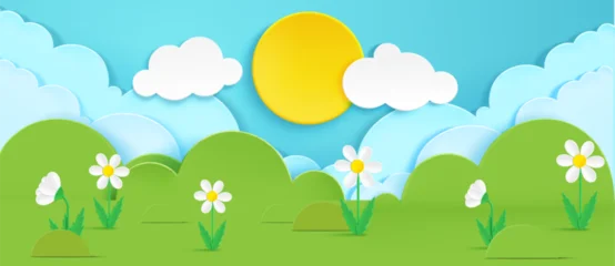 Fototapeten Türkis Spring paper cut landscape with grass and bushes, flowers and sky, vector background. Origami style garden scene with white daisies, fluffy clouds, and yellow sun above green meadow backdrop  © klyaksun