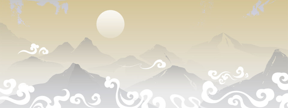 Japanese mountain scenery with flowing cloud pattern. Vector illustration of elegant oriental landscape with sun above peaks and abstract white curls on pastel beige background, traditional Asian art
