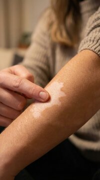 A person's finger touching a vitiligo skin patch on their arm. This image represents body positivity and skin health awareness. Ideal for medical articles or dermatological care content.