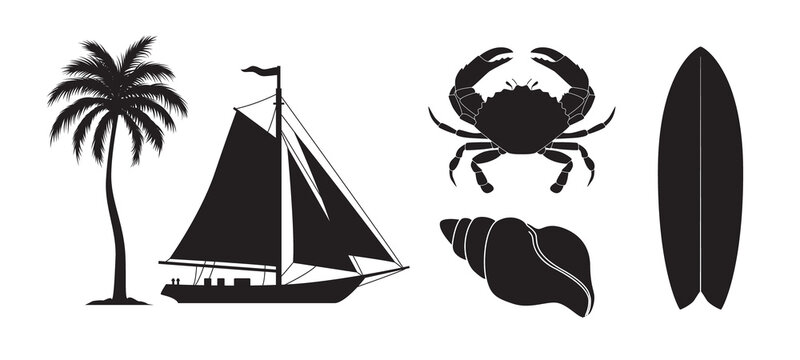 A collection of sea elements - a palm tree, a sailboat, a crab, a shell, and a surfboard. Black silhouettes of marine-themed items. Illustration on a transparent background