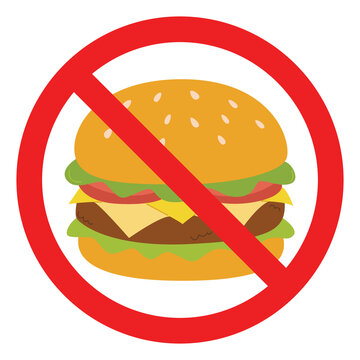 A red sign prohibiting fast food. A crossed-out circle with a hamburger inside. Flat Illustration on a transparent background