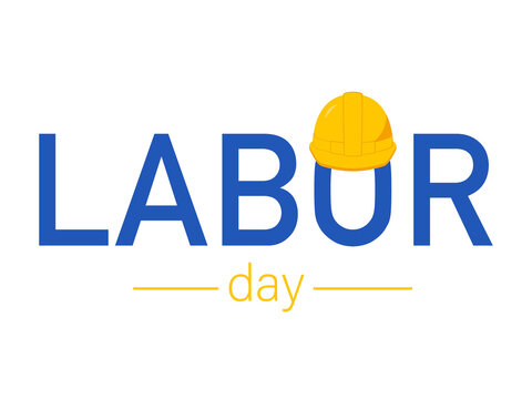 A Labor Day text with a yellow worker's helmet hanging on it. Illustration on a transparent background