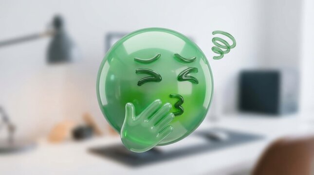 A 3D emotion emoji with a nauseated face, glossy rounded form, uneasy expression and polished reaction detail in a playful modern icon style, ultra-realistic, no logos.