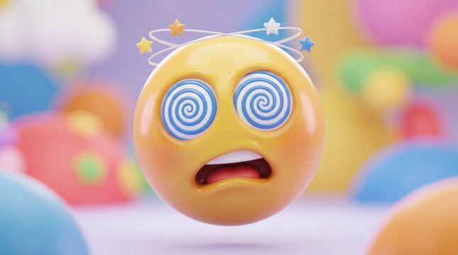 A 3D emotion emoji with dizzy spiral eyes, glossy soft surface, exaggerated confusion and vibrant polished detail in a fun reaction icon composition, ultra-realistic, no logos.