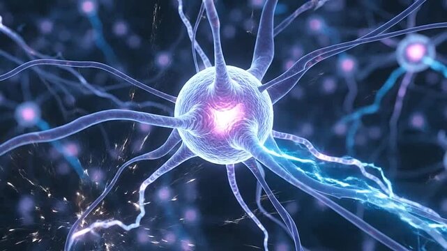 An abstract illustration of a biological neuron cell with electrical impulses and connections