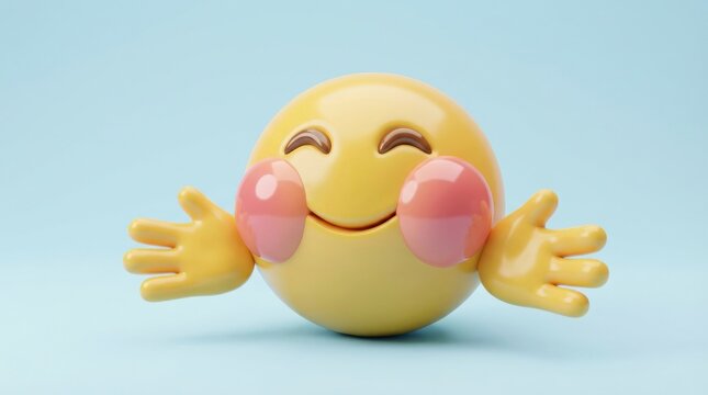 A 3D emotion emoji with a hugging face, glossy rounded cheeks, open arms and warm affectionate charm in a polished playful icon style, ultra-realistic, no logos.