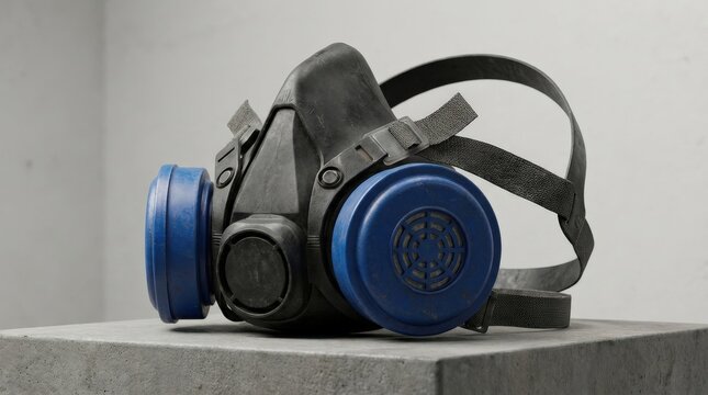 A black rubber respirator mask with blue filters and adjustable straps, protective gear presented with realistic industrial texture and clean product lighting, ultra-realistic, no logos.