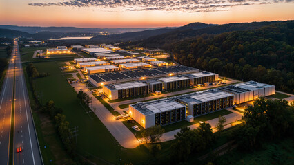 Fototapeta premium High-angle aerial view of a massive modern data center campus at sunset. Illuminated industrial technology infrastructure featuring server farm buildings nestled in a lush green landscape.